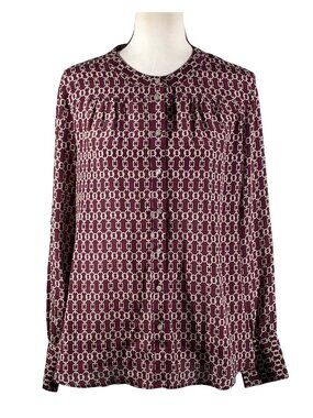 Banana Republic Womens Burgundy Chain Print Silk Button-Down Blouse collarless S